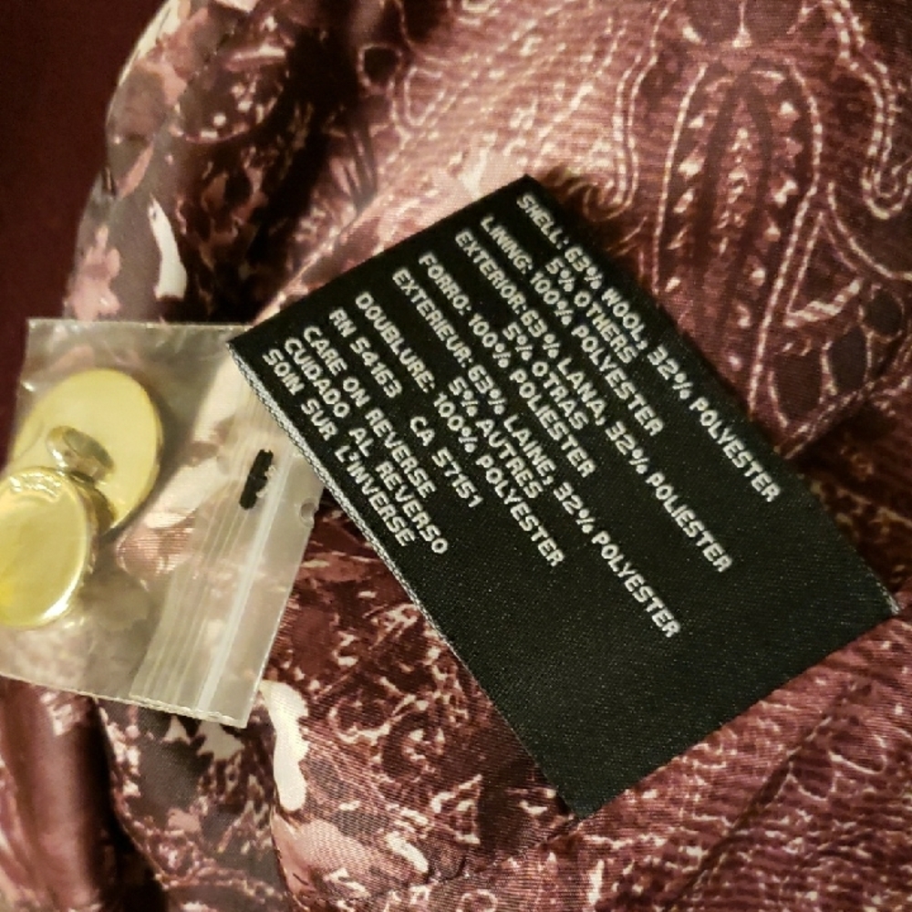 Guess Burgundy Deep Wine Wool Blend Trench Coat with Floral Lining Designer - Picture 7 of 11